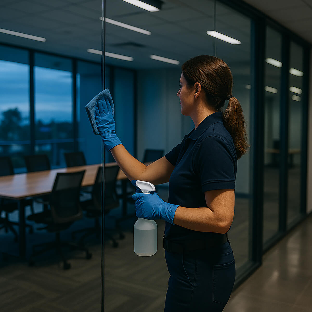 A professional cleaner from Office Cleaning GC cleaning a modern Gold Coast office space after hours.
